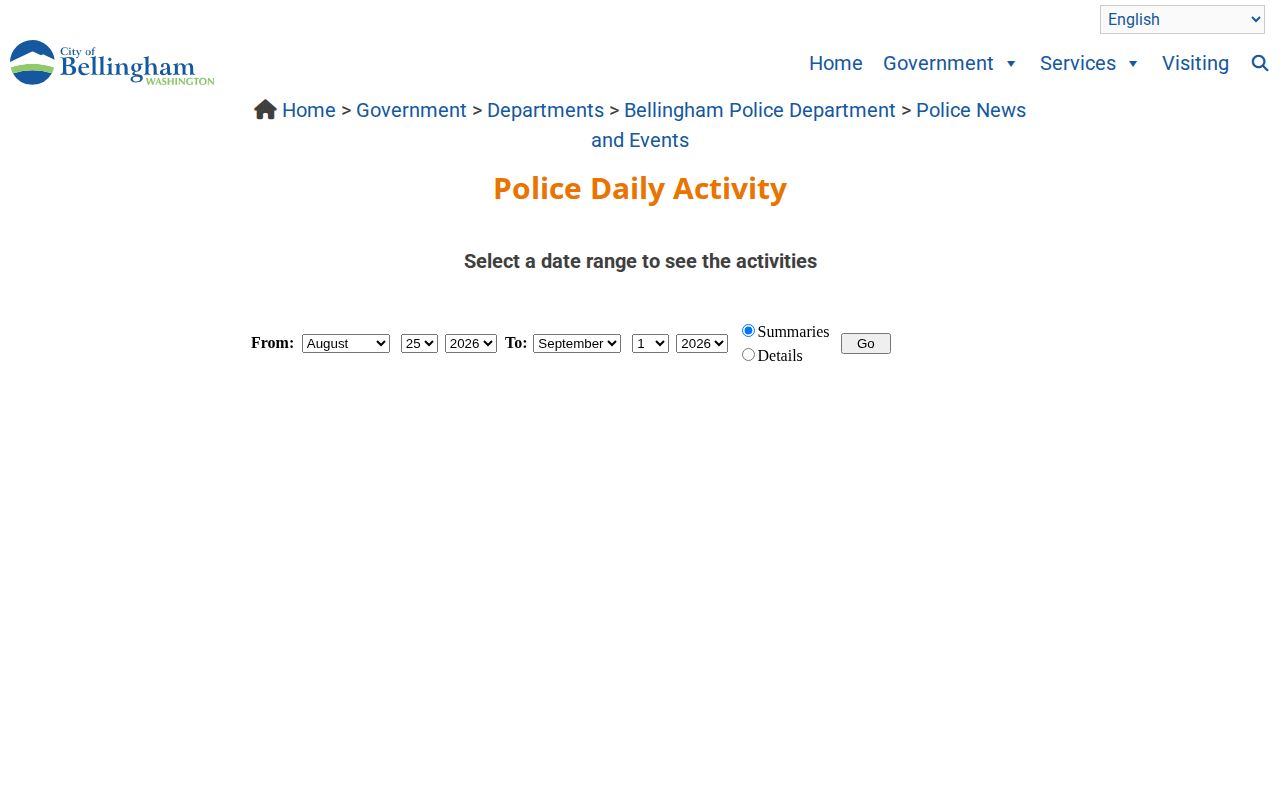 Bellingham Police Daily Activity official arrest-record date-range interface