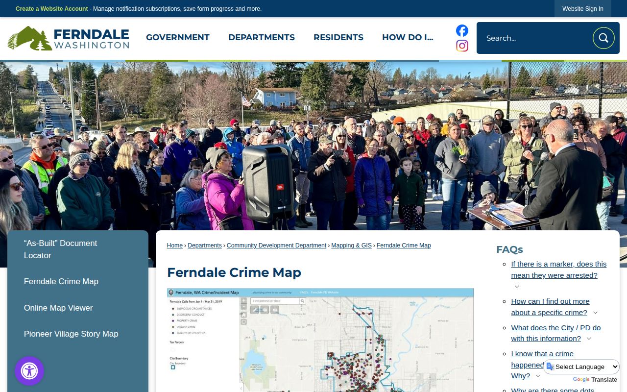 Ferndale Police Department call and incident map for Whatcom County arrest-record context