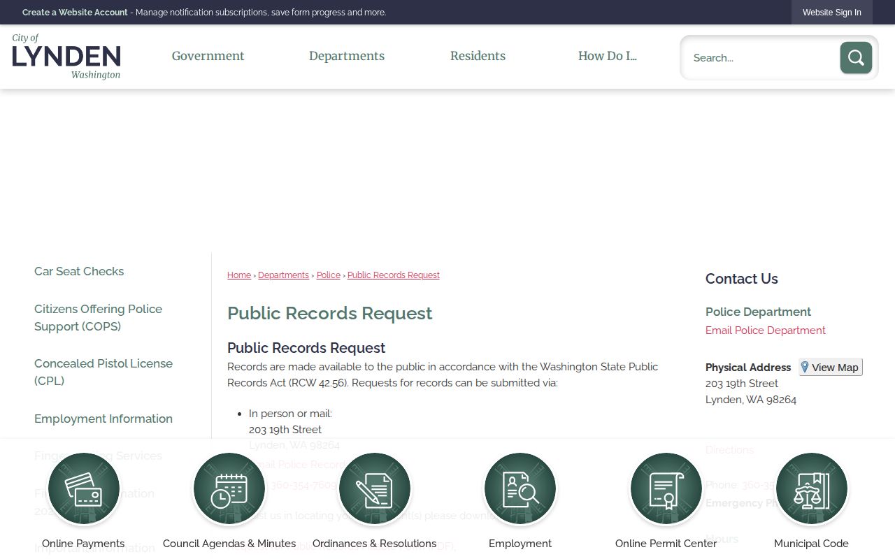 Whatcom County Lynden Police Department public records request page