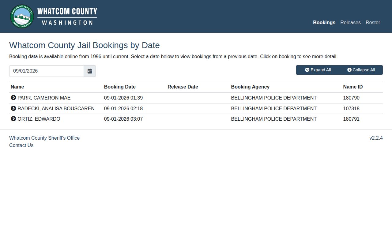 Whatcom County selected-date jail bookings interface